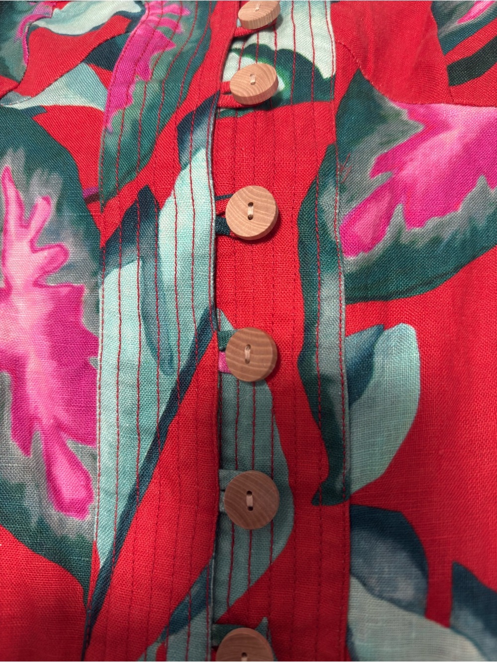 FARM Rio Red Tropical Button-Front Mini Dress with Turquoise & Pink Leaves - Picture 5 of 9